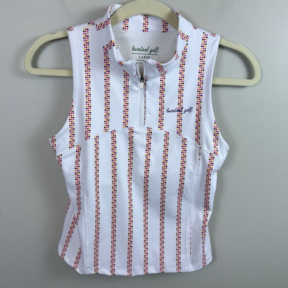 Barstool Golf Women's White Sleeveless Zip-Front Tank with colorful Stripes